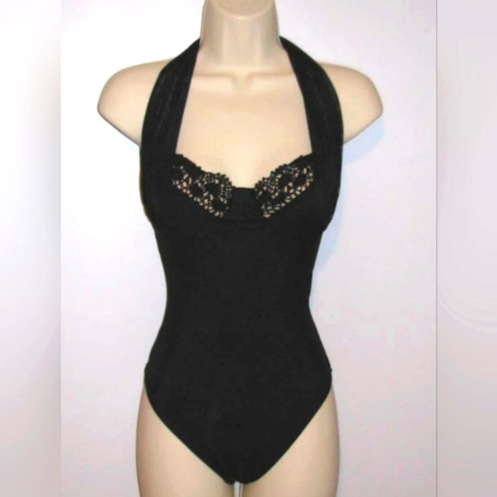 Vintage 1970s Black Crochet Lace Halter Slimming Swimsuit One-Piece Swim Shaper